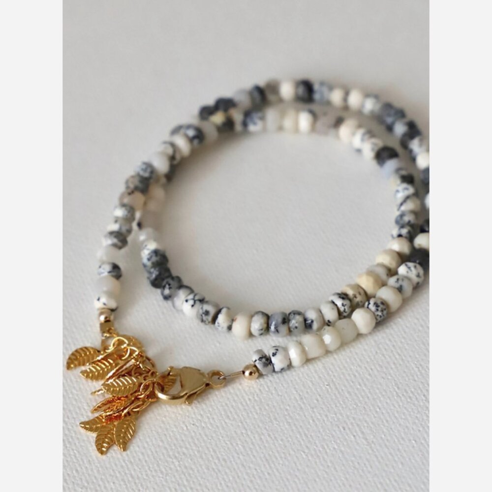 Speckled Agate Double Wrap Bracelet – Gold Leaf Clasp
